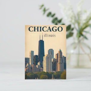 Vintage Chicago Illinois City Skyline Retro Travel Postcard