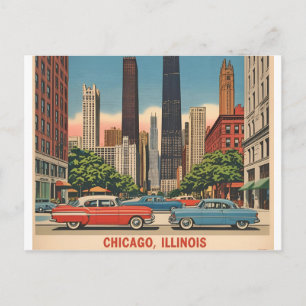 Vintage Chicago Illinois City Skyline Retro Travel Postcard