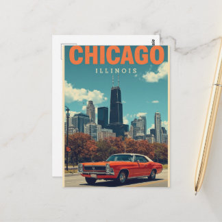 Vintage Chicago Illinois City Skyline Retro Travel Postcard