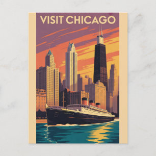 Vintage Chicago Illinois City Skyline Retro Travel Postcard