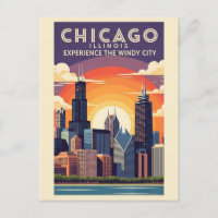 Vintage Chicago Illinois City Skyline Retro Travel