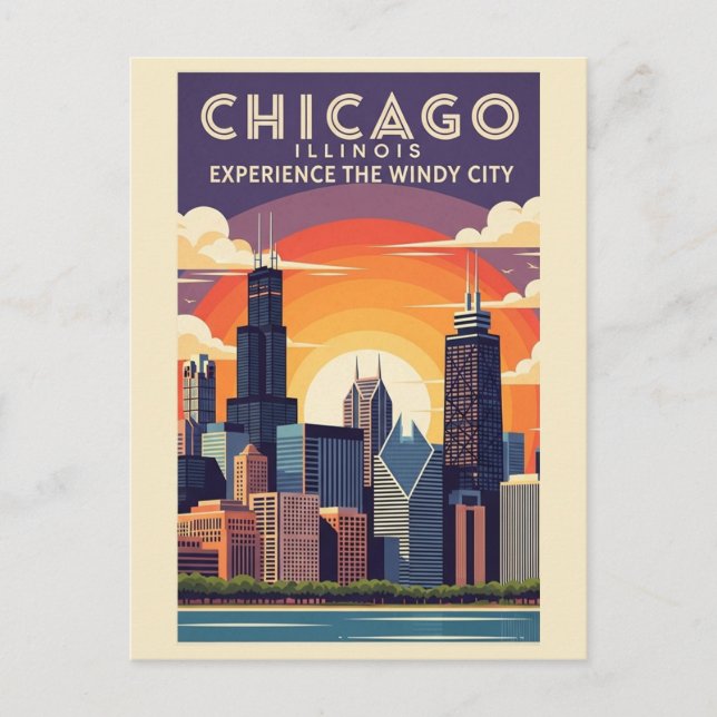 Vintage Chicago Illinois City Skyline Retro Travel Postcard (Front)