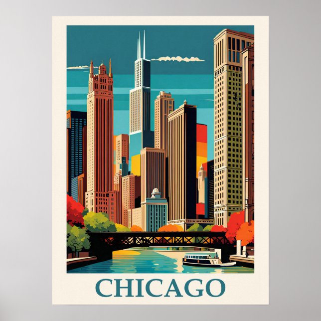 Vintage Chicago Illinois City Skyline Retro Travel Poster (Front)