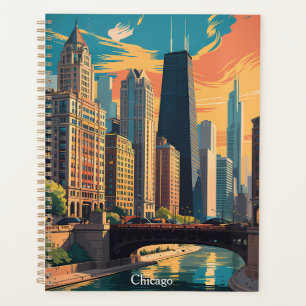 Vintage Chicago Illinois Colorful Painting Skyline Planner