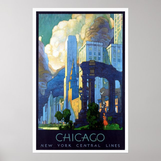 Vintage Chicago Illinois Train Travel Poster (Front)