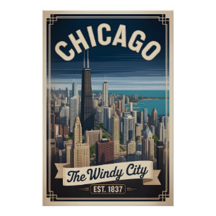 Vintage Chicago Illinois Windy City Retro Travel Poster