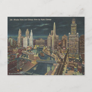 Vintage Chicago Night Skyline Postcard