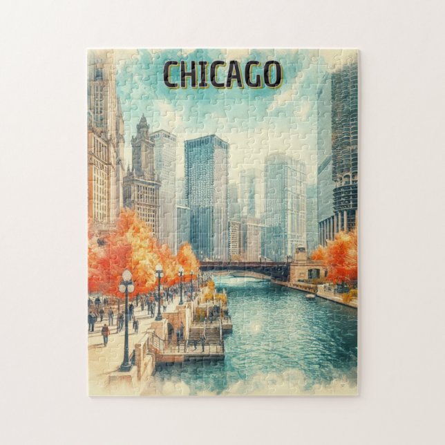 Vintage Chicago Riverwalk in Autumn Puzzle (Vertical)