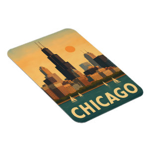 Vintage Chicago skyline, lake Michigan sailboat Magnet