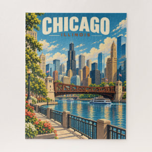 Vintage Chicago Skyline Riverfront Jigsaw Puzzle