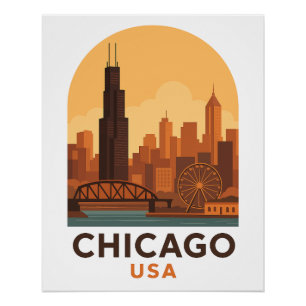 Vintage Chicago USA Travel Poster – Retro City Sky
