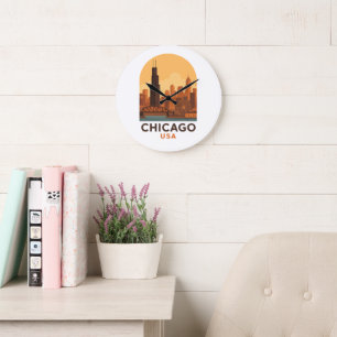 Vintage Chicago USA Travel  Retro City Sky Large Clock