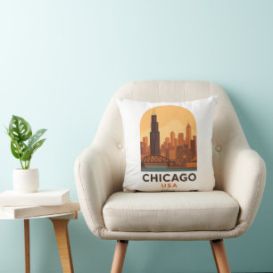 Vintage Chicago USA Travel Retro City Skyline  Cushion
