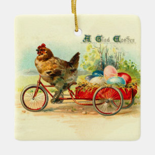 Vintage chick on bicycle Easter Ceramic Ornament