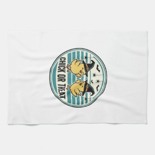 Vintage Chick Or Treat Halloween Chicks Design_1 Tea Towel