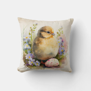 Vintage Chick with egg and flowers Cushion