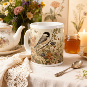 Vintage Chickadee Cottagecore Woodland Bird Large Coffee Mug