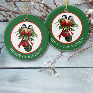 Vintage Chickadee Joy to the World Ceramic Tree Decoration