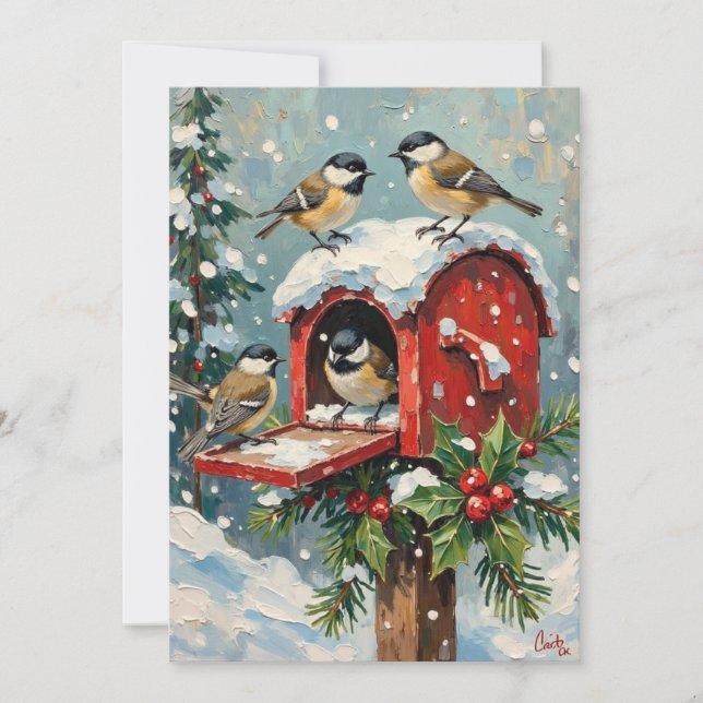 Vintage Chickadees on Snowy Christmas Mailbox Holiday Card (Front)