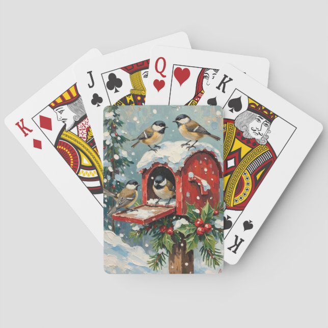 Vintage Chickadees on Snowy Christmas Mailbox Playing Cards (Back)