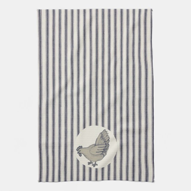 Vintage Chicken And Ticking Striped Kitchen Towel (Vertical)