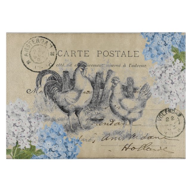 Vintage Chicken Blue Flower Postcard Cutting Board (Front)