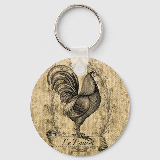 Vintage Chicken Burlap Key Ring (Front)