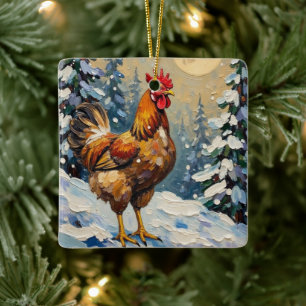 Vintage Chicken in Snowy Christmas Wonderland Ceramic Ornament