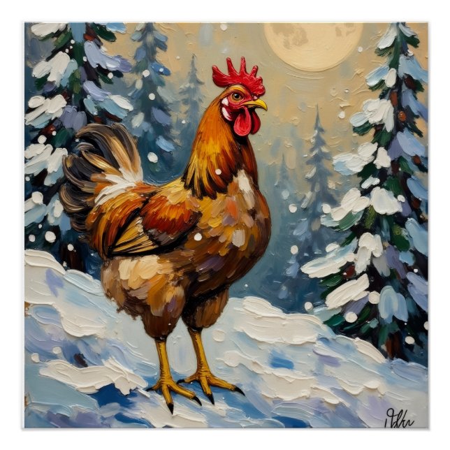 Vintage Chicken in Snowy Christmas Wonderland Poster (Front)