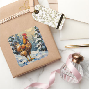 Vintage Chicken in Snowy Christmas Wonderland Square Sticker