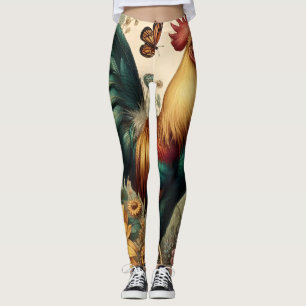 Vintage Chicken Rooster Aesthetic and Wildflower Leggings
