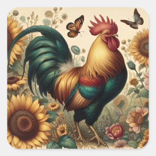 Vintage Chicken Rooster Aesthetic and Wildflower Square Sticker