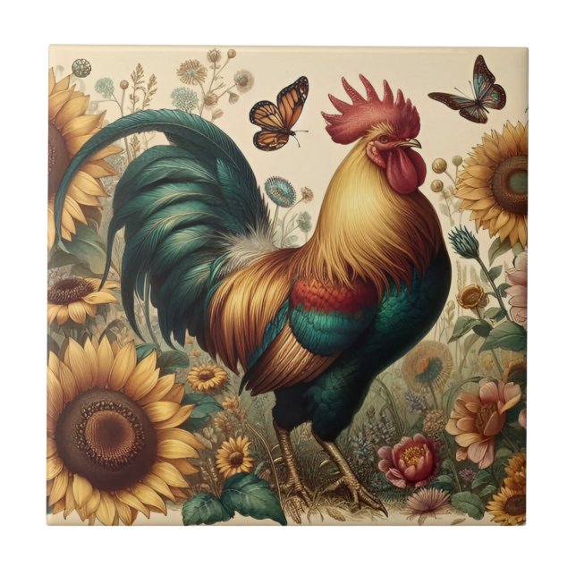 Vintage Chicken Rooster Aesthetic and Wildflower Tile (Front)
