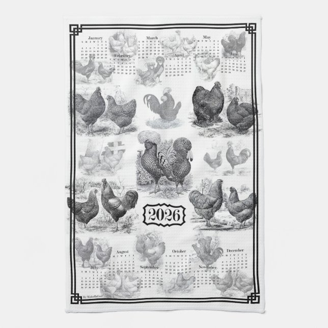 Vintage Chickens 2026 Calendar Tea Towel (Vertical)
