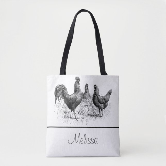 Vintage Chickens and Rooster | Personalised Tote Bag (Front)