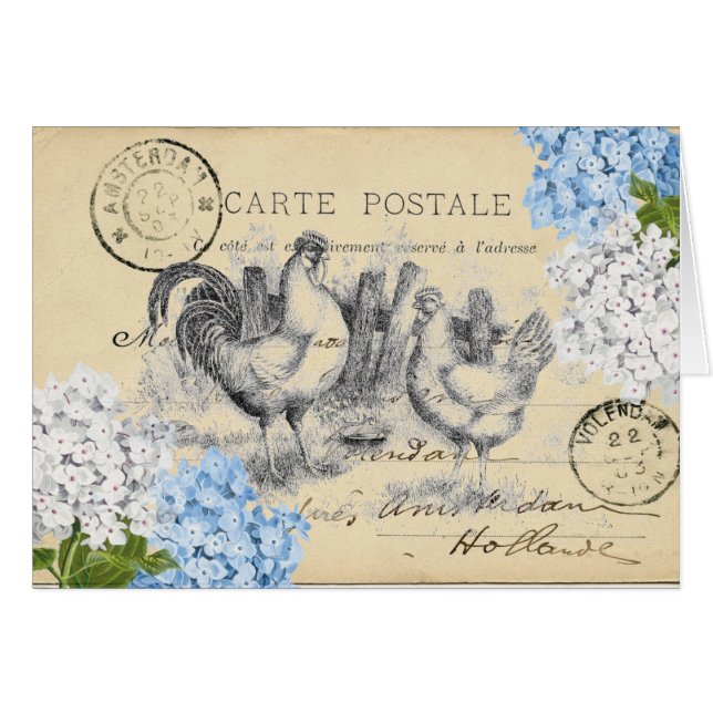 Vintage Chickens Blue Flower Postcard Card (Front Horizontal)