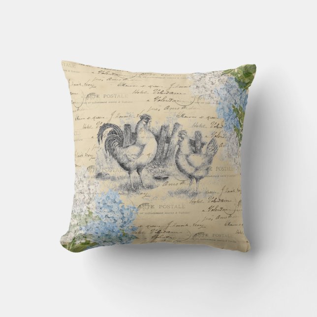 Vintage Chickens Blue Flower Postcard Throw Pillow (Front)