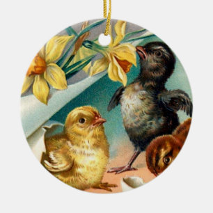 Vintage Chicks with Yellow Flowers Easter Greeting Ceramic Tree Decoration