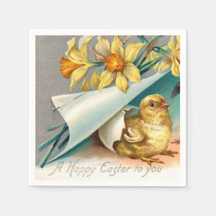 Vintage Chicks with Yellow Flowers Easter Greeting Napkin