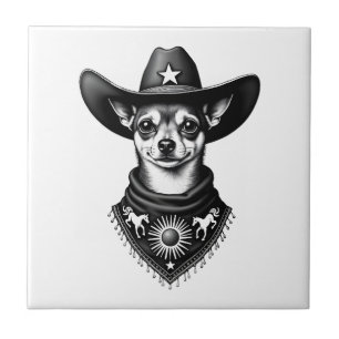 Vintage Chihuahua Cowboy Engraving Style Western D Tile