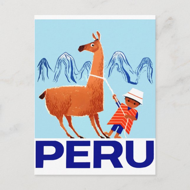 Vintage Child and Llama Peru Travel Poster Postcard (Front)