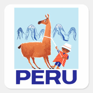 Vintage Child and Llama Peru Travel Poster Square Sticker