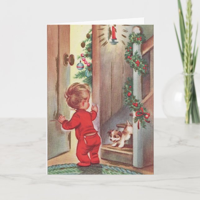 Vintage Child and Puppy Christmas Themed Holiday Card (Front)