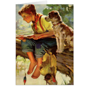 Vintage Child, Boy Fishing with His Pet Dog Mutt
