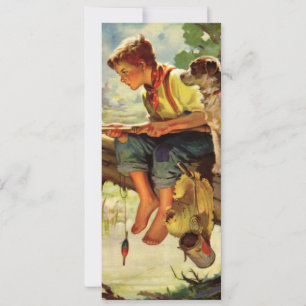 Vintage Child, Boy Fishing with His Pet Dog Mutt