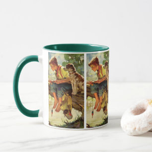 Vintage Child, Boy Fishing with His Pet Dog Mutt Mug