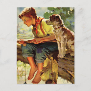 Vintage Child, Boy Fishing with His Pet Dog Mutt Postcard