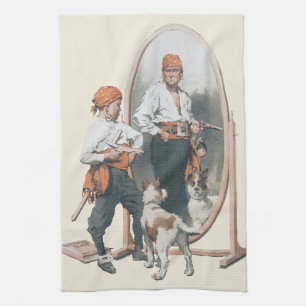 Vintage Child, Boy Pirate, Dog, Mirror, Buccaneer Tea Towel