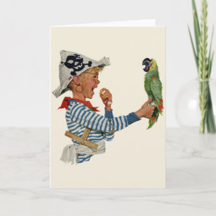 Vintage Child, Boy Playing Pirate Parrot Bird Card