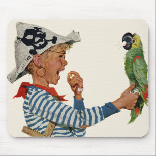 Vintage Child, Boy Playing Pirate Parrot Bird Mouse Mat